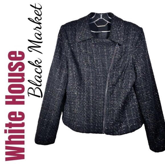 WHBM TWEED MOTO JACKET Black Shimmer Collarless, Size 8 - Picture 11 of 12